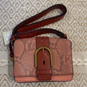 Leather Snake-Embossed Crossbody Bag in Rust